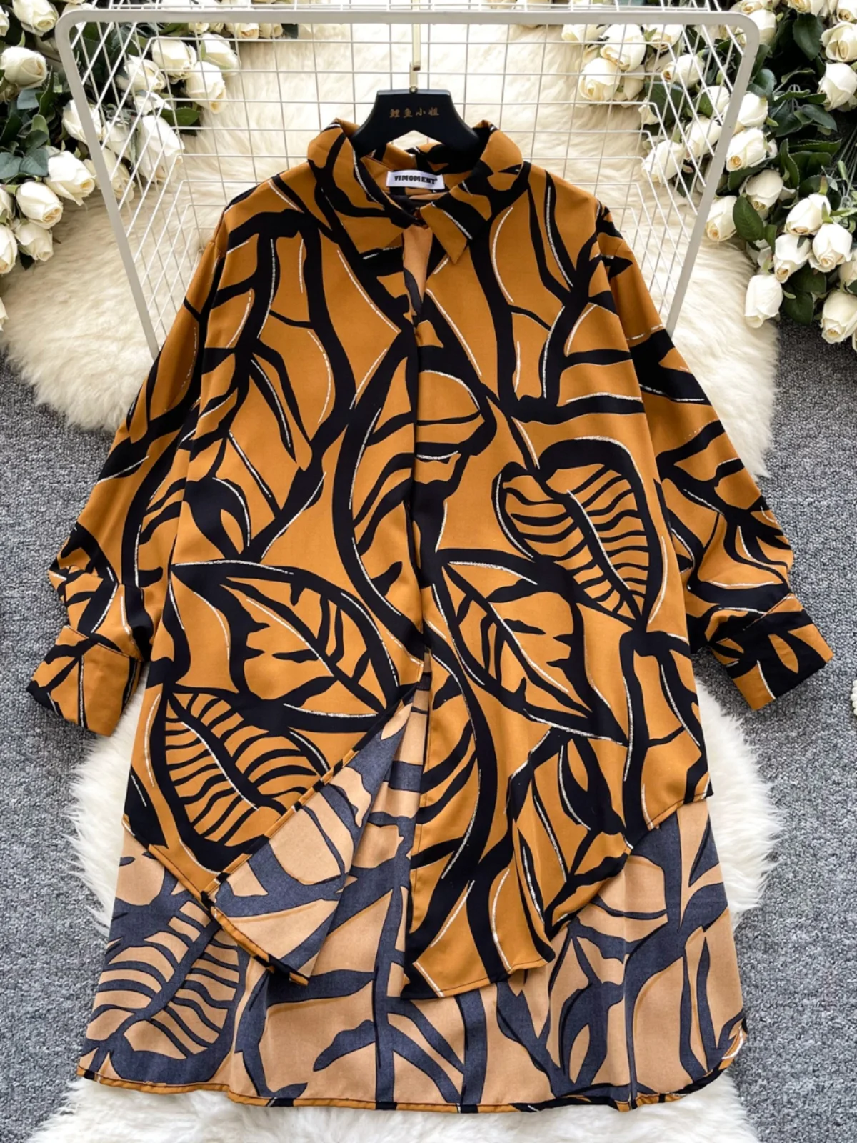 قميص نسائي أنيق غير رسمي على طراز هونج كونج، متعدد الاستخدامات، فضفاض للتخسيس، مخفي بأكمام طويلة، مطبوع، غير رسمي #3