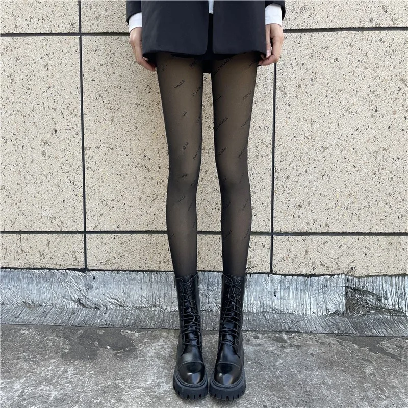 Internet Celebrity Fleece-Lined Thickened Letter Stockings Women's Autumn and Winter Superb Fleshcolor Pantynose Stirrup Legging