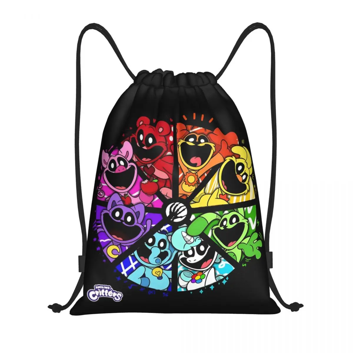 Custom Colorful Smiling Big Mouth Critters Group Drawstring Bag Foldable Gym Sackpack Scarry Animated Game Training Backpacks