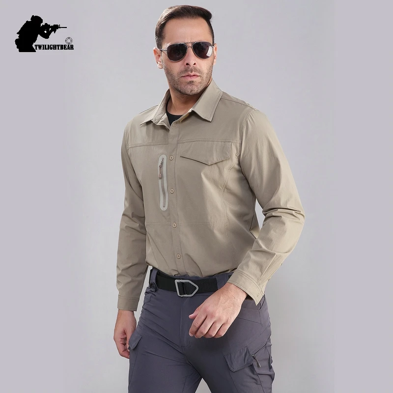 Stretch Men\'s Shirt Multiple Pockets Quick Drying Shirts High Quality Male Elastic Tooling Shirt Men Clothing Casual Shirts AF54
