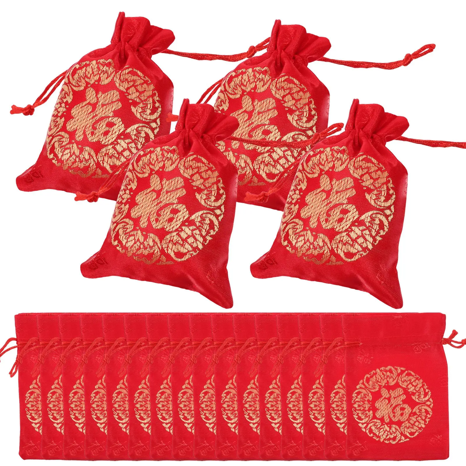 

20pcs Chinese Style Gift Bags 4.7X3.7Inch Drawstring Silk Candy Bags For Wedding Party Favor Storage Pouch New Year Gift