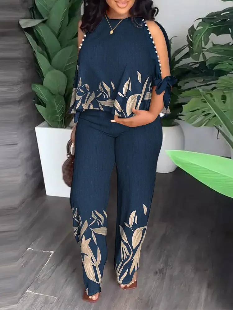 

Two Piece Sets Women Outifit 2023 Summer Fashion Print Beaded O-Neck Split Sleeve Top & Casual High Waist Straight Leg Pants Set