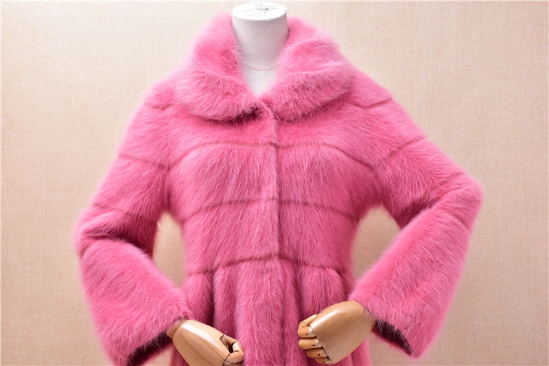 Women Mujer Autumn Winter Pink Hairy Plush Mink Cashmere Knitted Long Sleeves Turn-Down Neck Slim Long Sweater Cardigans Jacket