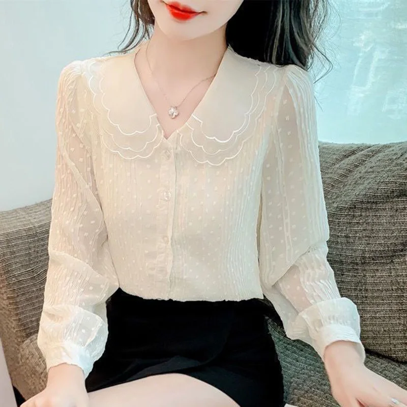 Sweet Peter Pan Collar Spliced Loose Ruffles Shirt Female Clothing 2023 Autumn New Casual Tops Solid Color Office Lady Blouse