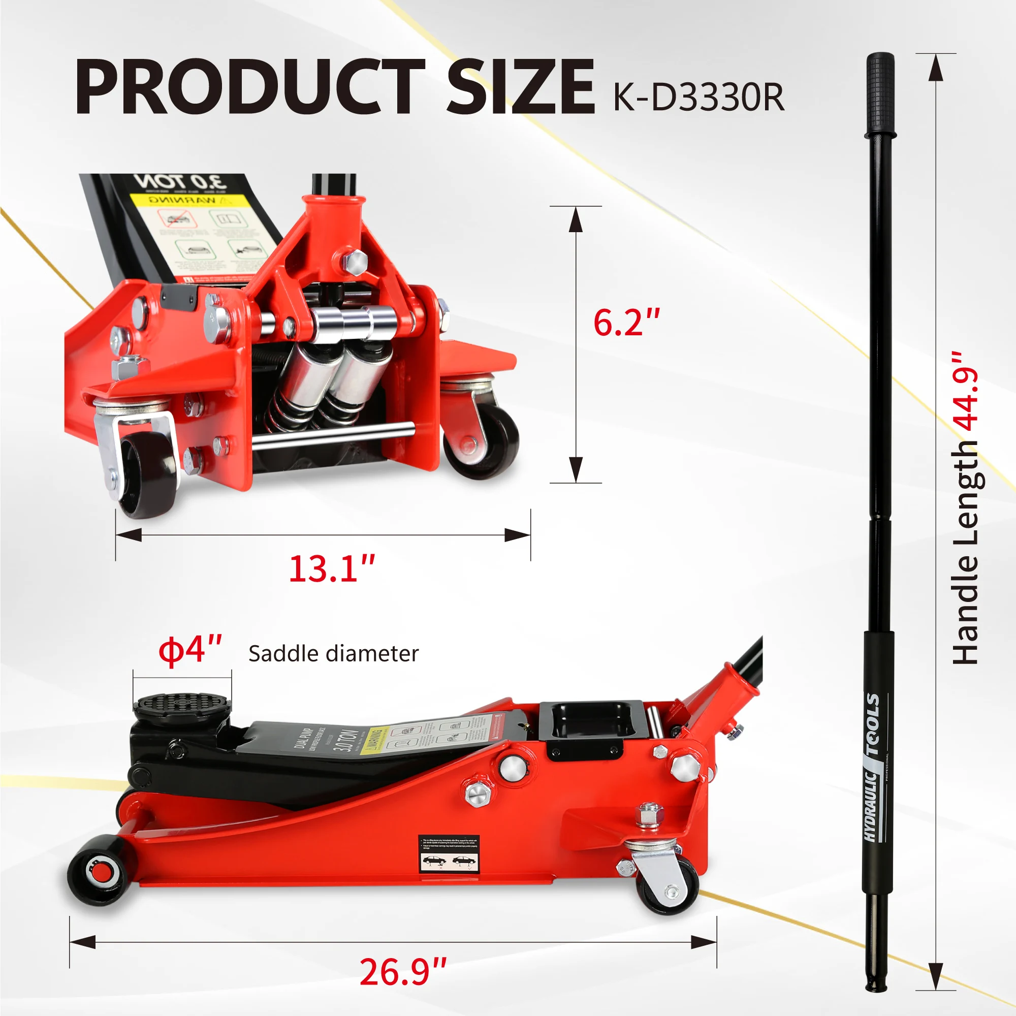 Hydraulic Low Profile And Steel Racing Floor Jack With Dual Piston Quick Lift Pump, 3 Ton (6600 Lb) Capacity, Lifting Range 3.3