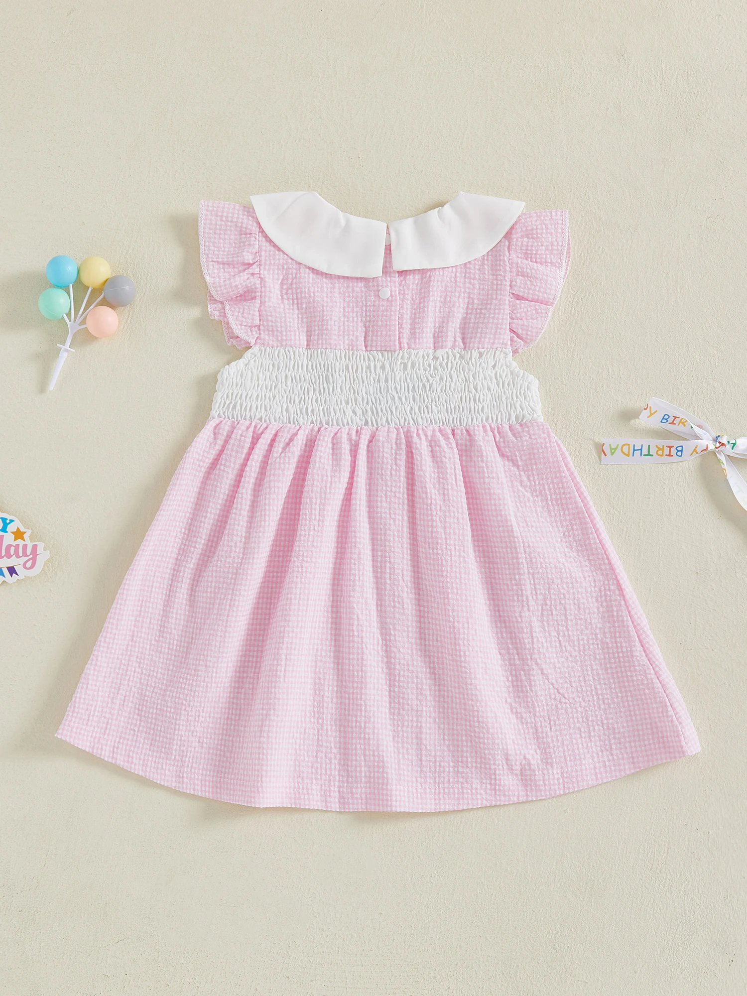 

Infant Baby Boy Birthday Outfit Embroidered Checkered Smocked Peter Pan Collar Short Sleeve Romper Suit