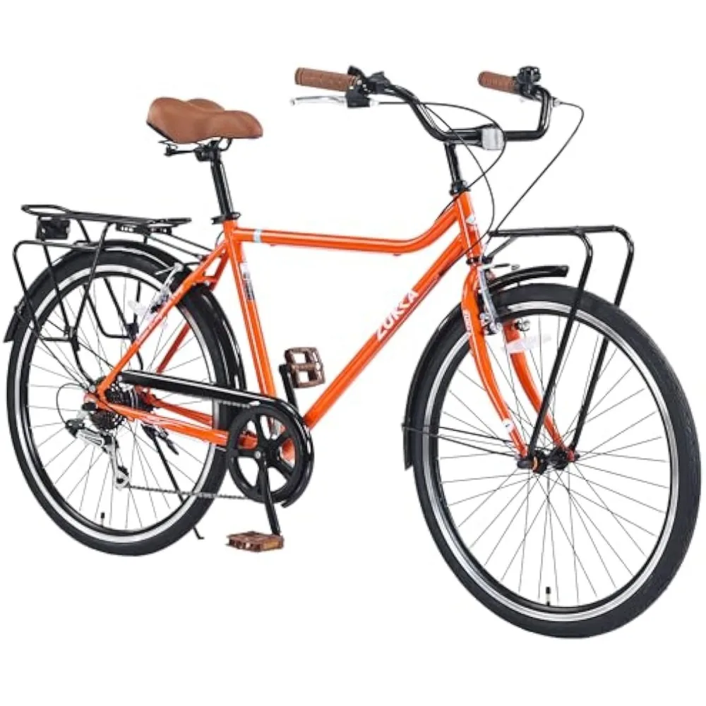 26 Inch Cruiser Bike 7 Speeds Vintage Style Bicycle City Bike Commute Bikes with Front and Rear Cargo Rack, Steel Frame, V-Brake