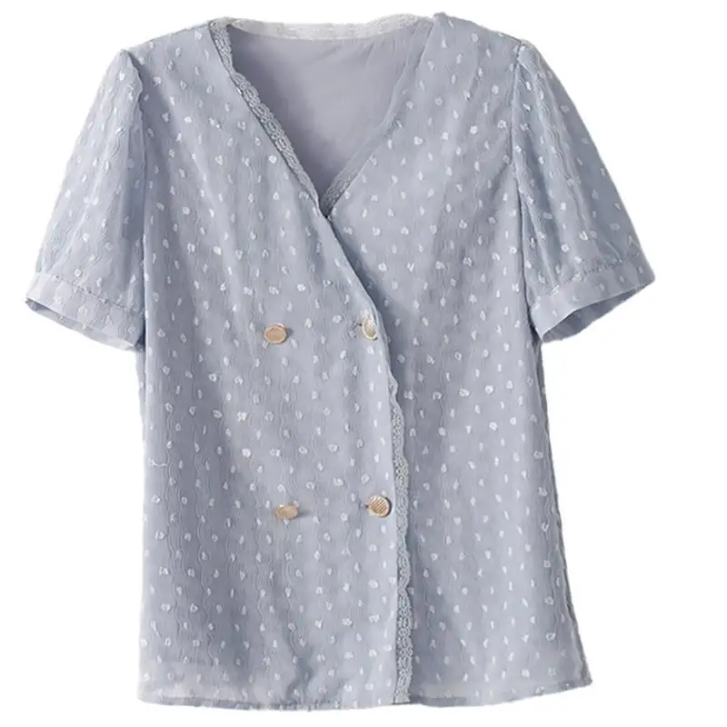 Korean Fashion Summer New Women's V-Neck Solid Color Lace Patchwork Double Breasted Temperament Loose Short Sleeve Shirts Tops