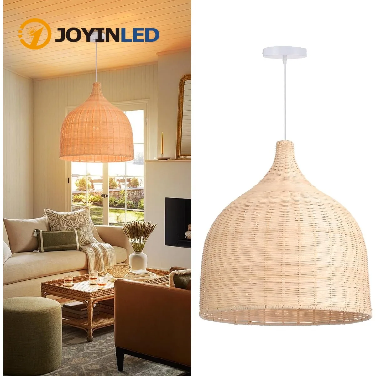 

JOYINLED Hand-Woven Rattan Pendant Light Natural Wicker Chandelier for KitchenIsland Dining Room Hallway in Farmhouse&Boho Decor