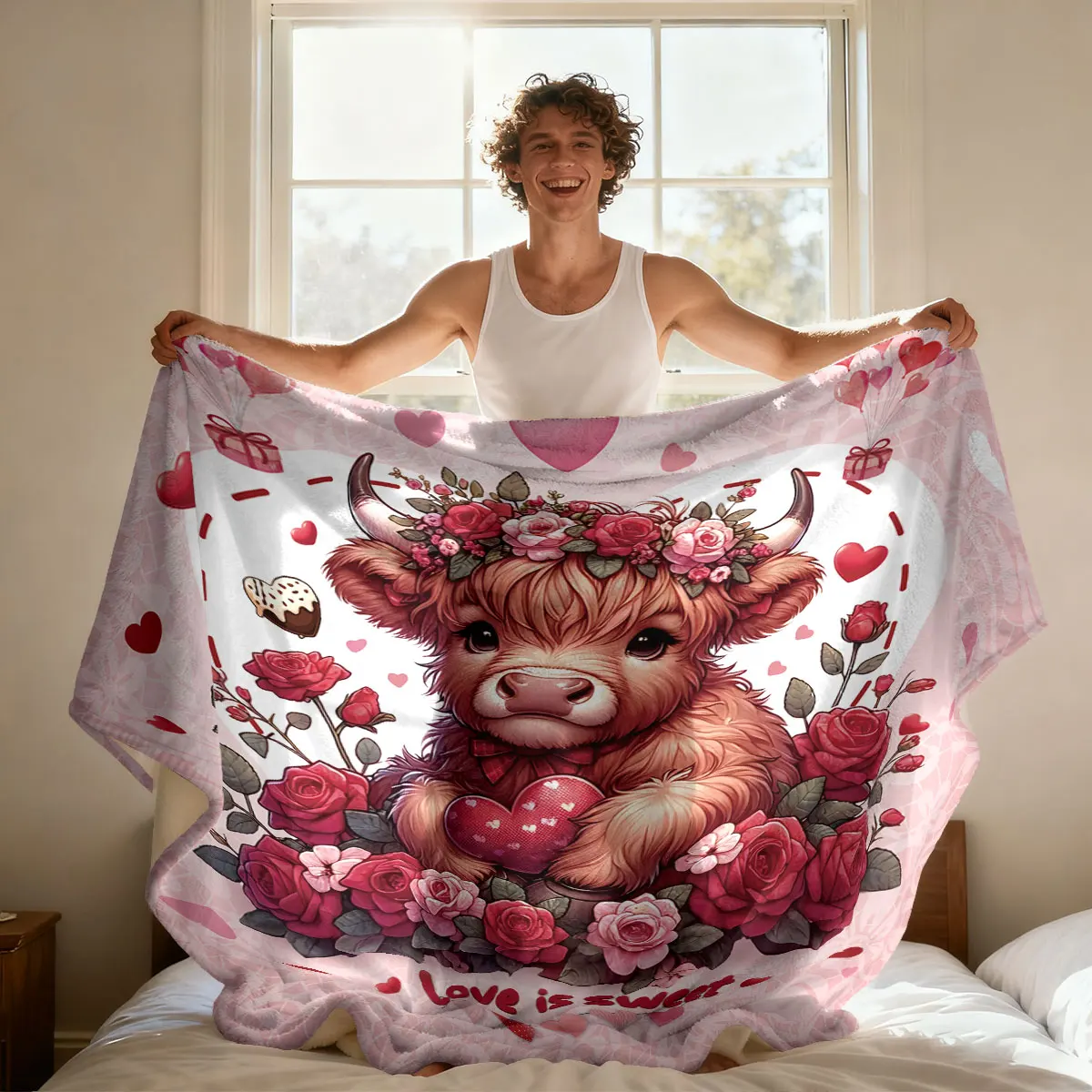 قطعة واحدة من بطانية الفانيلا المطبوعة على شكل بقرة مرتفعة لعيد الحب الوردي بأحجام مختلفة، بطانية ترفيهية مريحة وقيلولة قابلة للغسل في الغسالة