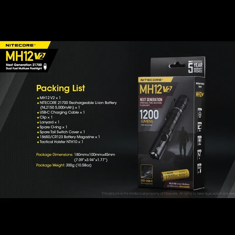 NITECORE MH12 V2 Tactical Flashlight 1200 Lumen Rechargeable Utilizes a CREE XP-L2 V6 LED With 18650 5000mAh Battery Highlight