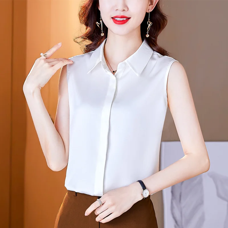 #2501Woman Tops And Blouses Satin Woman Shirt Summer Sleeveless Vest Covered Button Vintage Office Lady Thin Slim Red White Grey