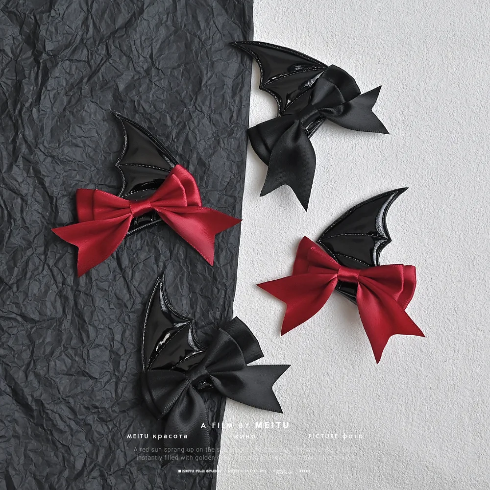 2Pcs Gothic Punk Bat Wing Bow Hair Clips Black Red Satin Hair Barrettes for Women Alternative Hair Accessories view 4