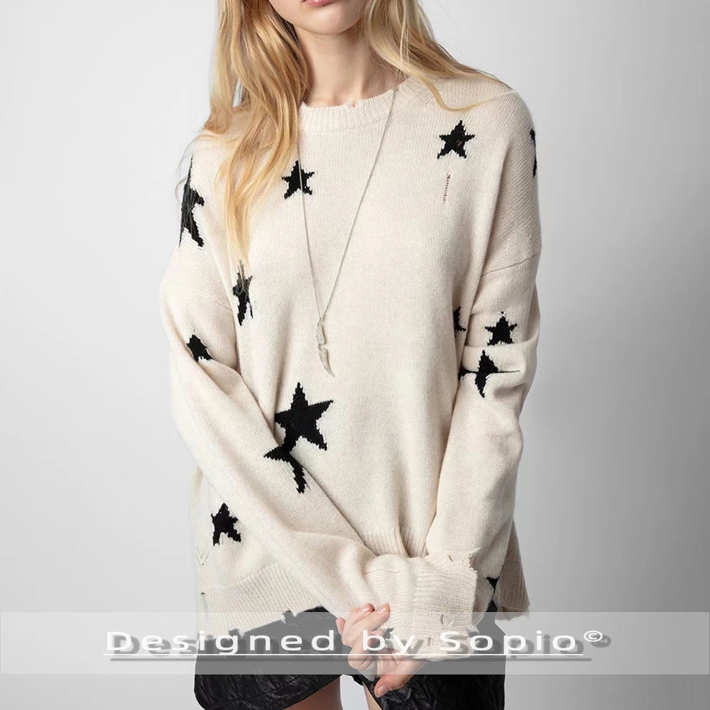 

Ripped Star Cashmere Knitted Sweater Women Autumn Winter Long Sleeve Crew Neck Tops Fashion Sweaters Vintage Pullover 2026