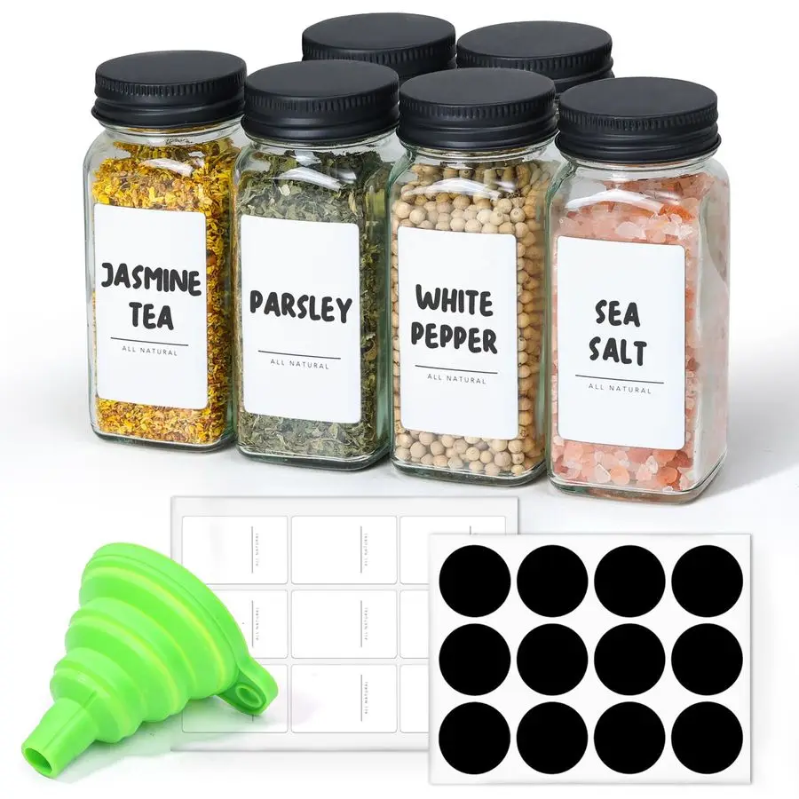 

6Pcs 4oz Glass Spice Jars with Shaker Lids, 21 Labels, Spice Jars Trial Set amp Supplement Set, Empty Spice Containers and Squar