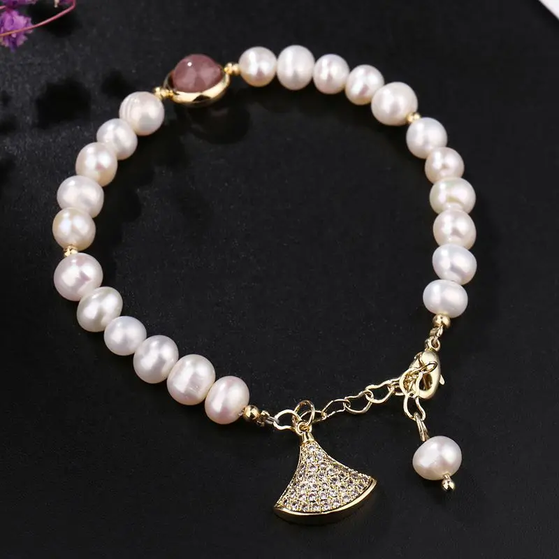 100% Natural Freshwater Pearl & Strawberry Quartz Fashion Fan-shaped 14K Gold Filled Ladies Bracelets Wholesale Jewelry No Fade