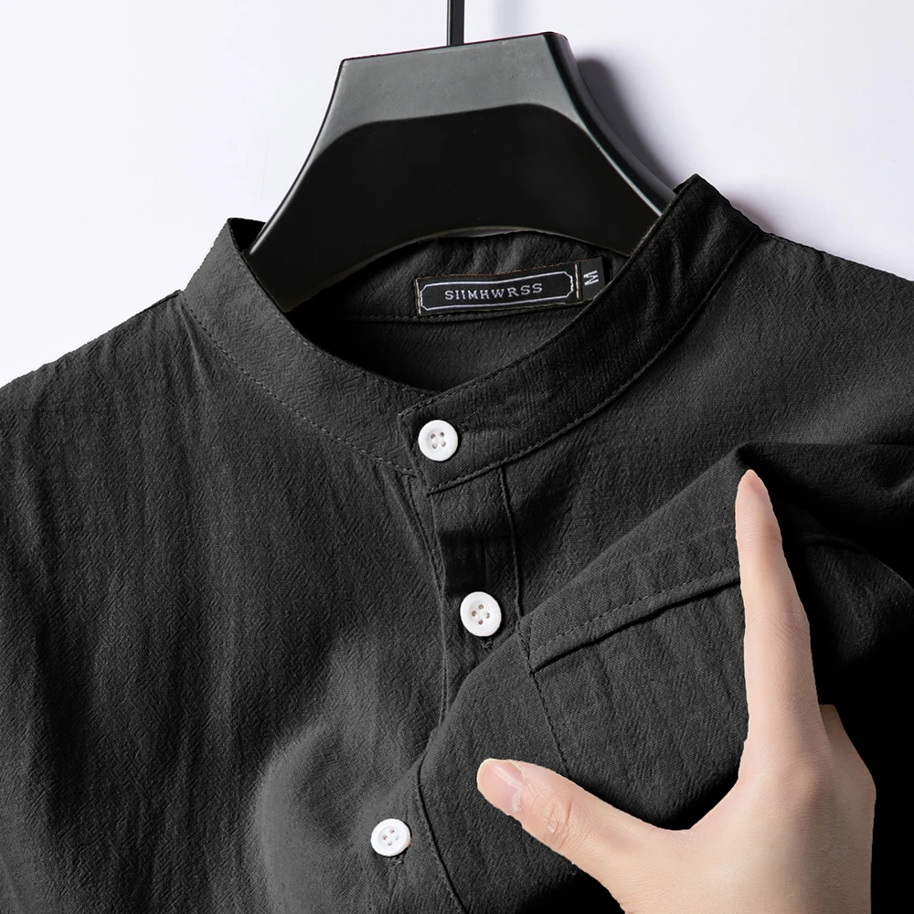 Summer Men\'s Stand Up Collar T Shirts Solid Color Short Sleeve Linen Shirt Trendy Breathable Loose Lightweight Basic Pocket Top