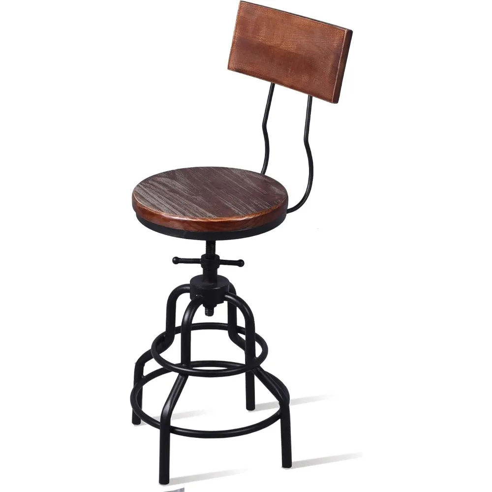 Taburete de bar giratorio ajustable de estilo vintage industrial con estructura de metal y respaldo de madera, juego de 2 sillas de altura para mostrador de cocina