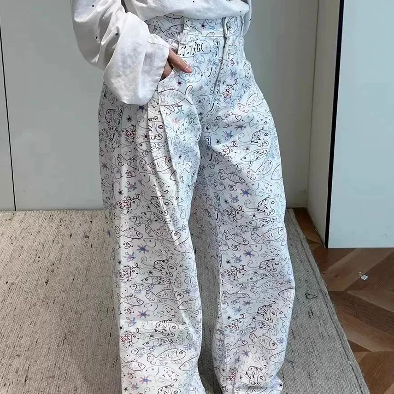 

Girls Fish Print High Waisted Jeans Pants Female Baggy Wide Leg Denim Pants Lady Chic Korean Daily Jeans Trousers