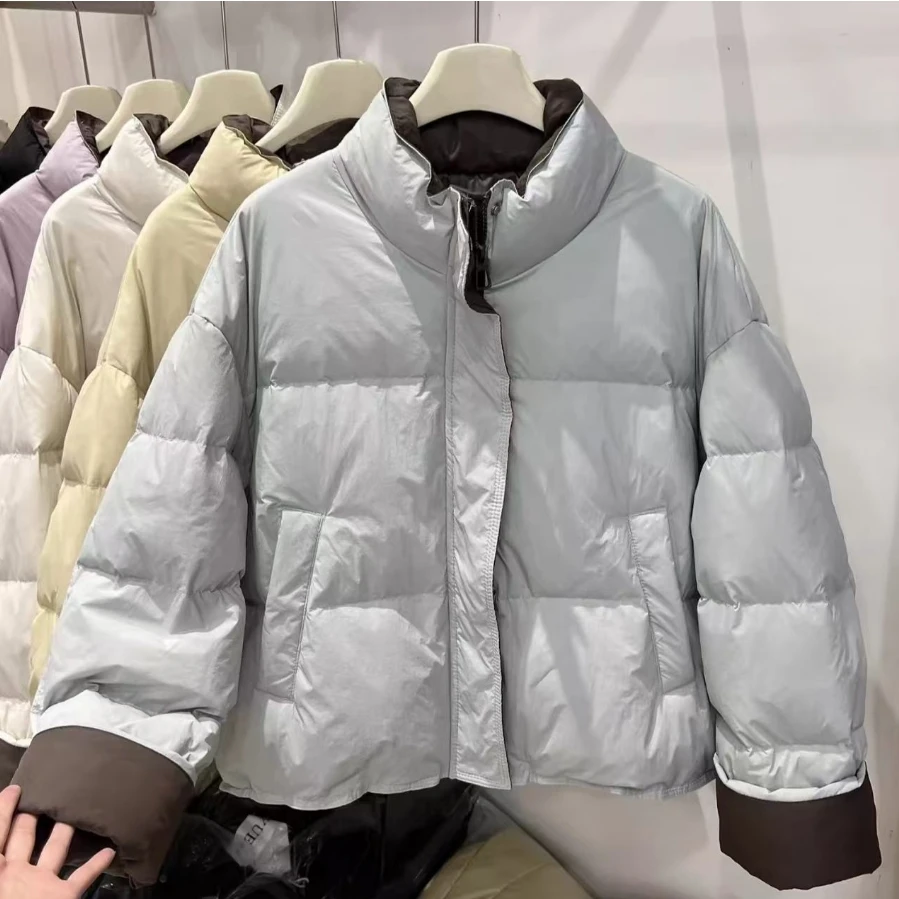 2025 겨울 신상 여성용 숏 다운 코튼 재킷 미니멀리스트 출퇴근용 대비 색상 스탠드 칼라 디자인 코트 여성 파카