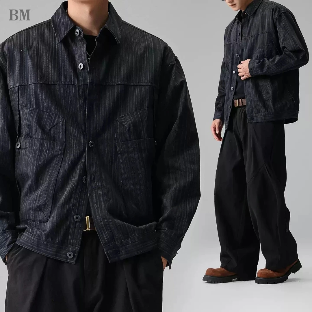 Mens American Vintage Striped Shirt Premium Button Down Collar Oversized Plus Size Long Sleeve Spring Fall Casual Shirt Jacket