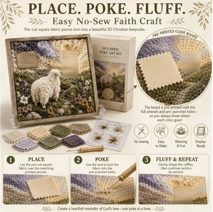 No‑Sew 3D Fabric Poke Art Kit DIY Sheep Landscape Handcraft Set Pre‑Printed Board Home Wall Decor Religious Faith Keepsake Gift