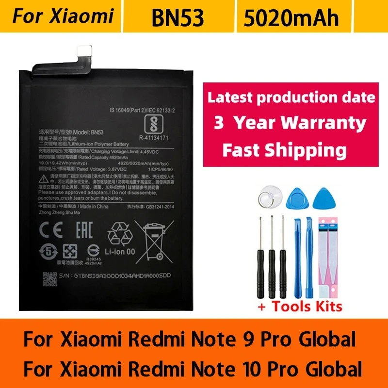 5020mAh BN53 Battery For Xiaomi Redmi note 10 Pro global/Redmi note 9 Pro global replacement Batteries Bateria Batterij+Tools