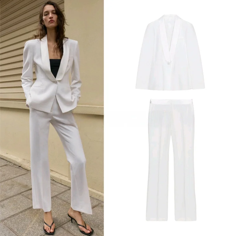 

Silk Satin Feel Dress Shirt Collar Suit Jacket Low Waist Long Pants Fashionable Two-Piece Set Spring Season Pure Color