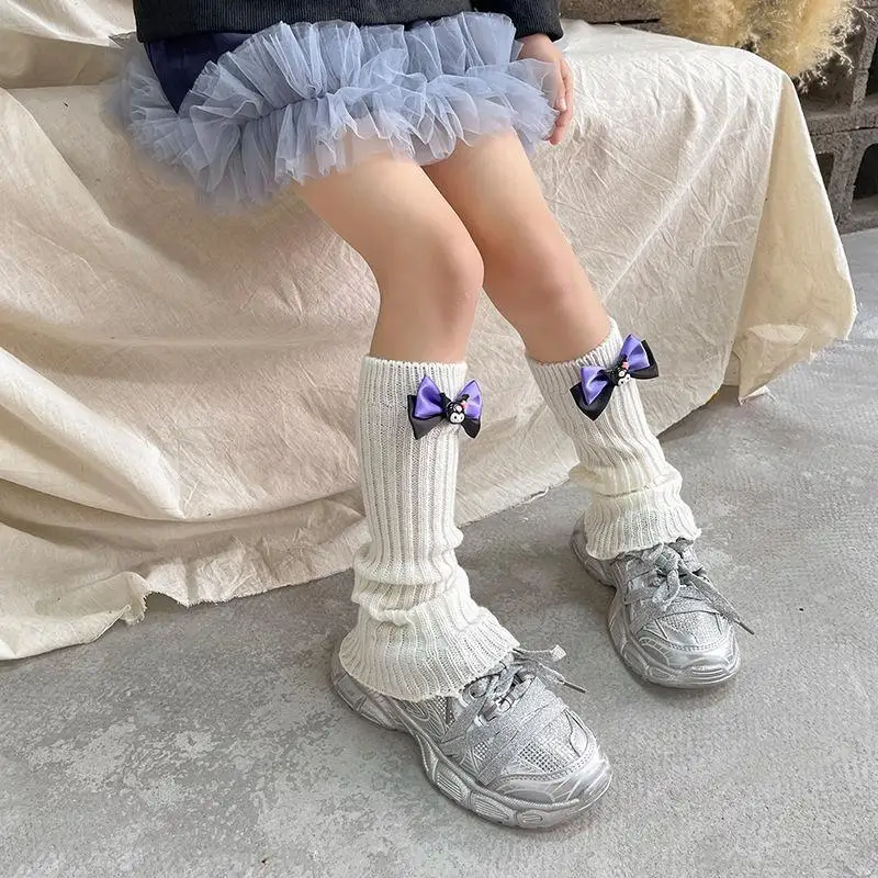 Sanrio Girl Kawaii Sock Child Sweet Bow Stack Socks Pure Cotton Knitting Yarn Cute Kuromi Cartoon Fashion Princess Leg Cover New