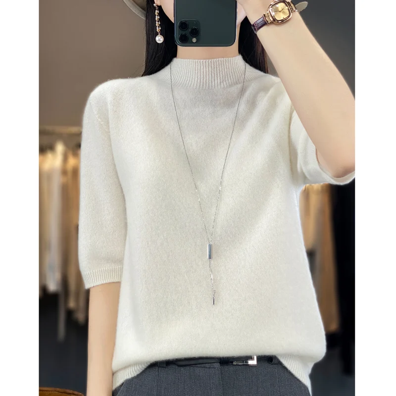 Spring and summer new first-line ready-to-wear 100% sweater ladies half-high collar five-point sleeves solid color short sleeves