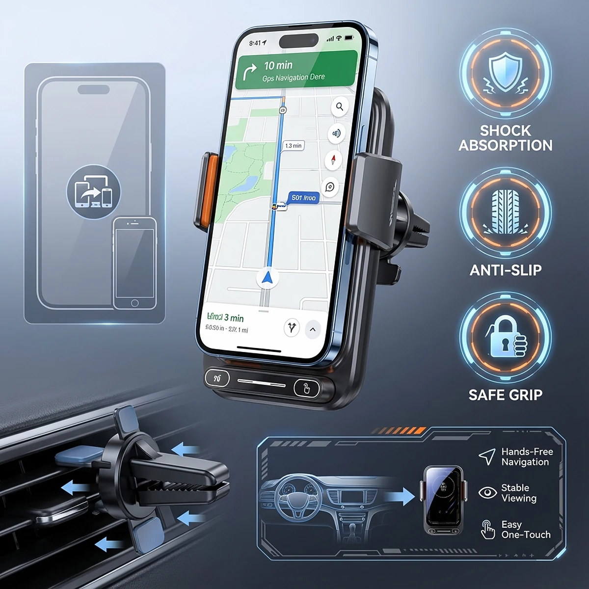 Auto-Sensing Qi Fast Wireless Charger Autotelefonhalter Halterung One-Touch Release & Rotation Drehbarer USB-Anschluss für iPhone Android – Detail 3
