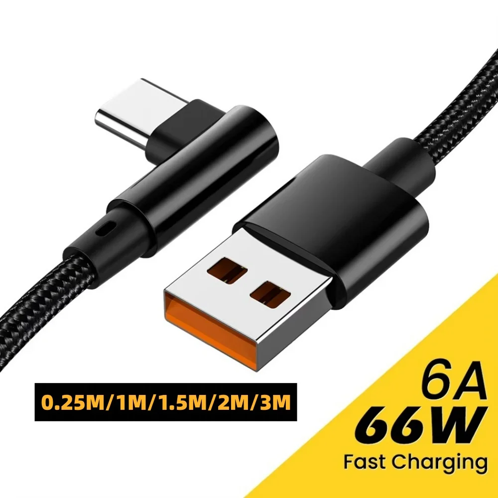 66W USB Charging Cable 6A USB To Type-C Elbow Fast Charging Data Cord Mobile Phones Wall Charge Adapter Cable For Xiaomi Samsung