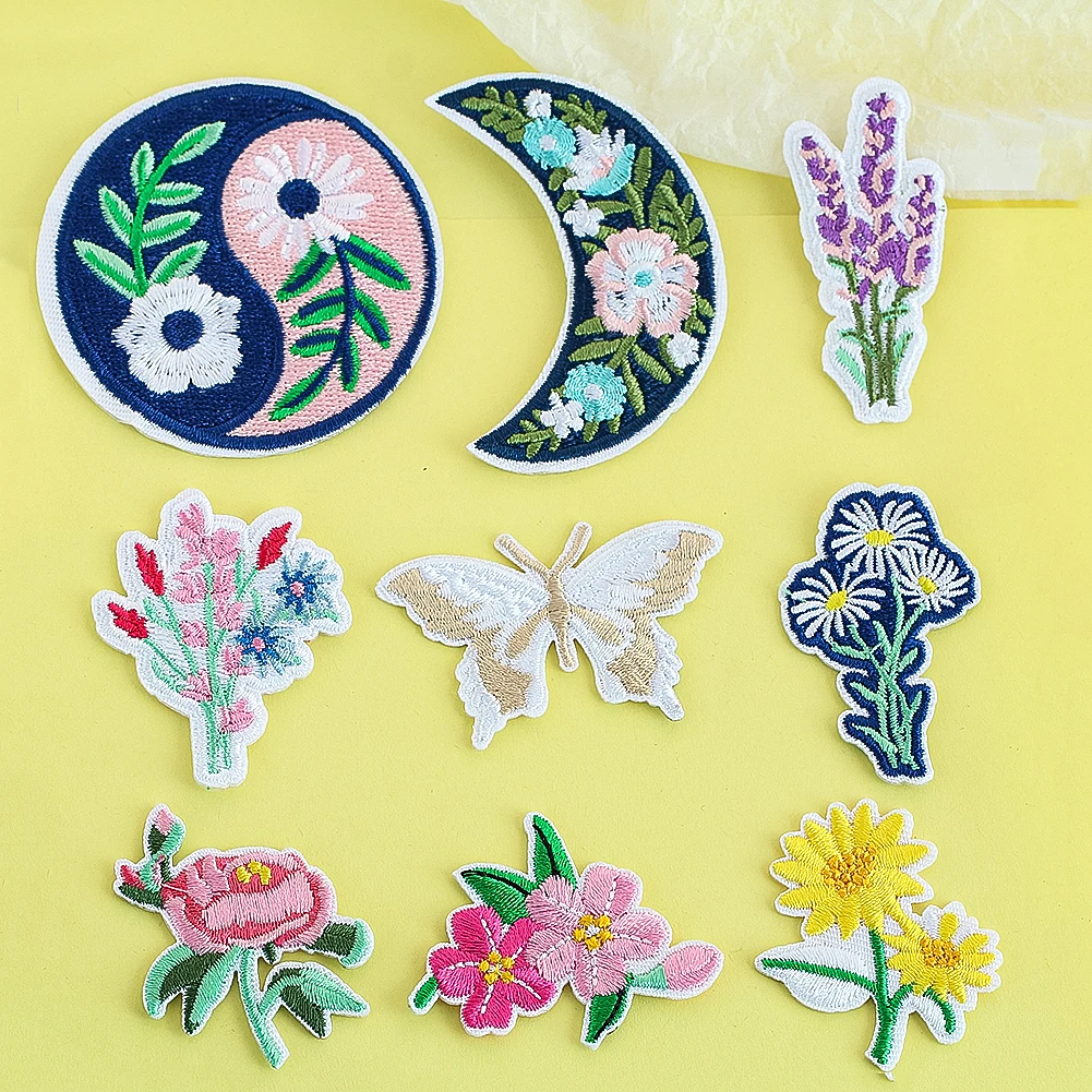 9pcs Embroidery Cloth Stickers Bagua Moon Butterfly Flower Iron on Hole Patch Stickers Handmade Sewing Supplies Accessories