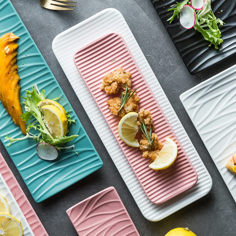 

Nordic Ceramic Rectangular Sushi Long Plate Dessert Cake Snack Pastry Western Food Salmon Sashimi Grilled Chicken Wings Plate