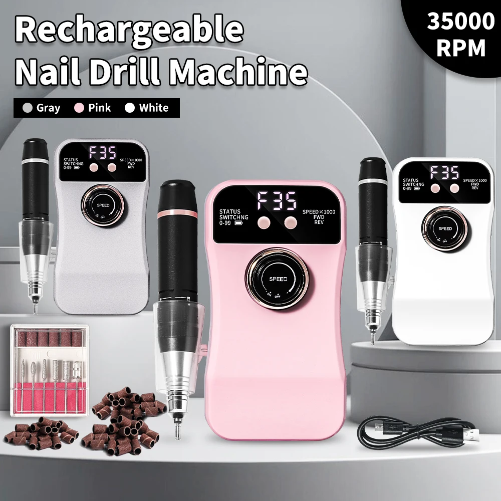 35000RPM Adjustable Speed Low Noise Nail Rig Cordless Portable Nail Polisher for Home Nail Salon Gel Nail Polish for Nail Salon