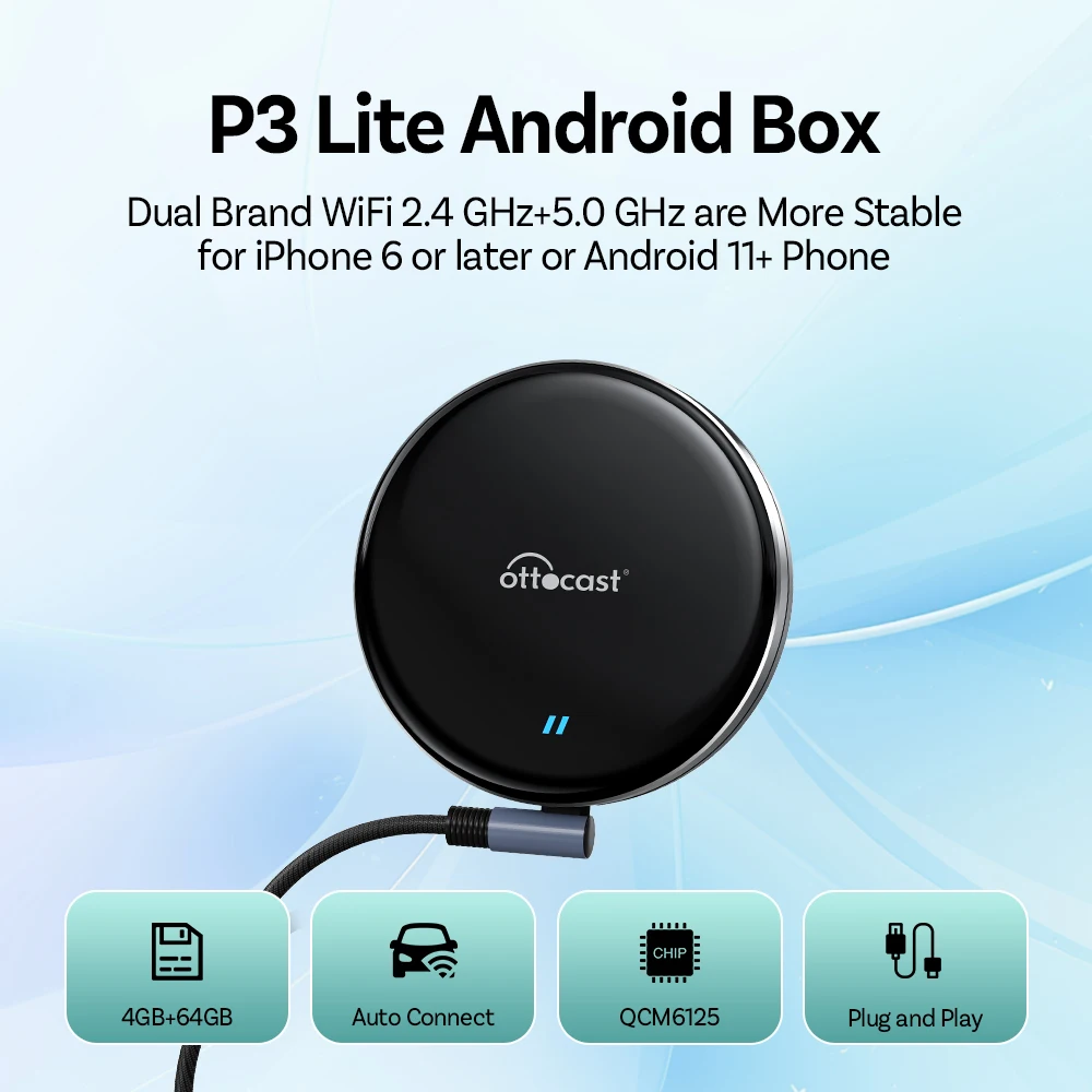 Ottocast Wireless CarPlay Android Auto Adapter P3 Lite Ai TV Box QCM6125 8 Cores Android 12 Car Accesories Plug And Play Newest