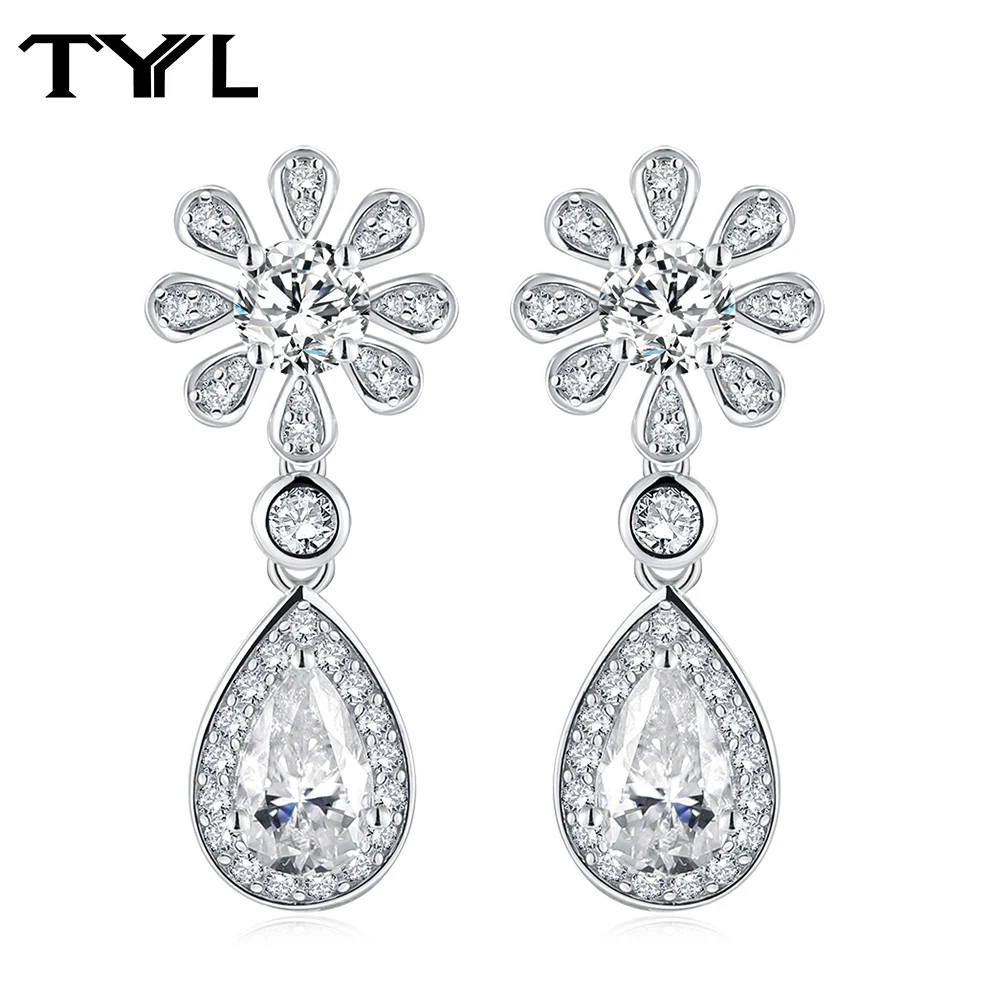 

TYYL Moissanite Drop Earrings 925 Silver Floral Pear Teardrop Dangle Earrings Luxury Wedding Bridal Fine Jewelry Gift for Women