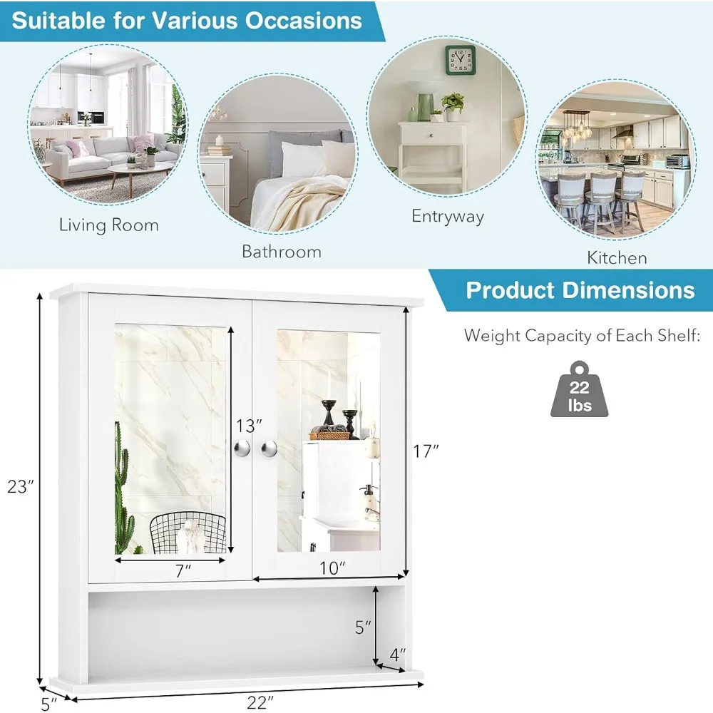 خزانة حمام مثبتة على الحائط بأبواب عاكسة ورف قابل للتعديل ومقصورة مفتوحة #3