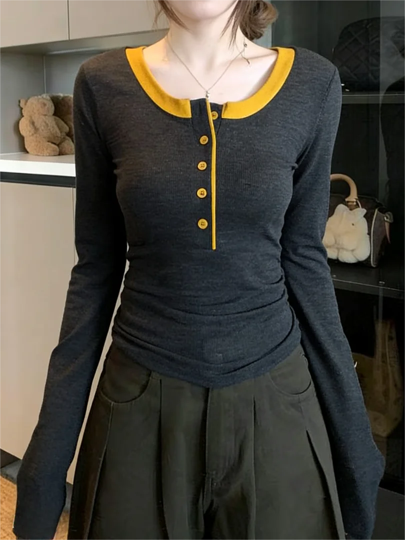 NUOMICI K-Fashion رمادي الملابس النسائية زر أسفل تريكو طويلة الأكمام تي شيرت الخريف الشتاء لطيف قاعدة طبقة سليم صالح الإناث #1