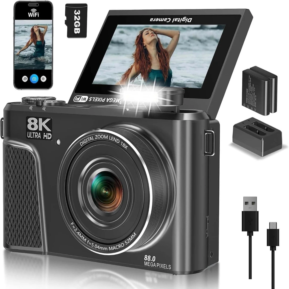 Cámara digital W300 8K con 88MP y 3" 180 °   Cámara Vlogging con enfoque automático y zoom de 18X con pantalla abatible para YouTube/fotografía, tarjeta SD de 64GB