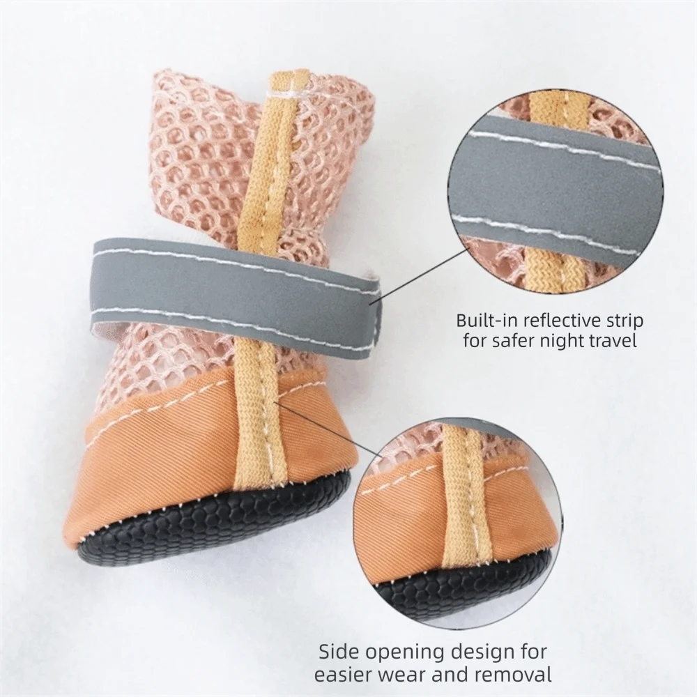 4PCS/SET Non-Slip Pet Mesh Shoes Breathable Adjustable Dog Sneakers Soft Sole Wear-Resistant Pet Paw Protector Walking