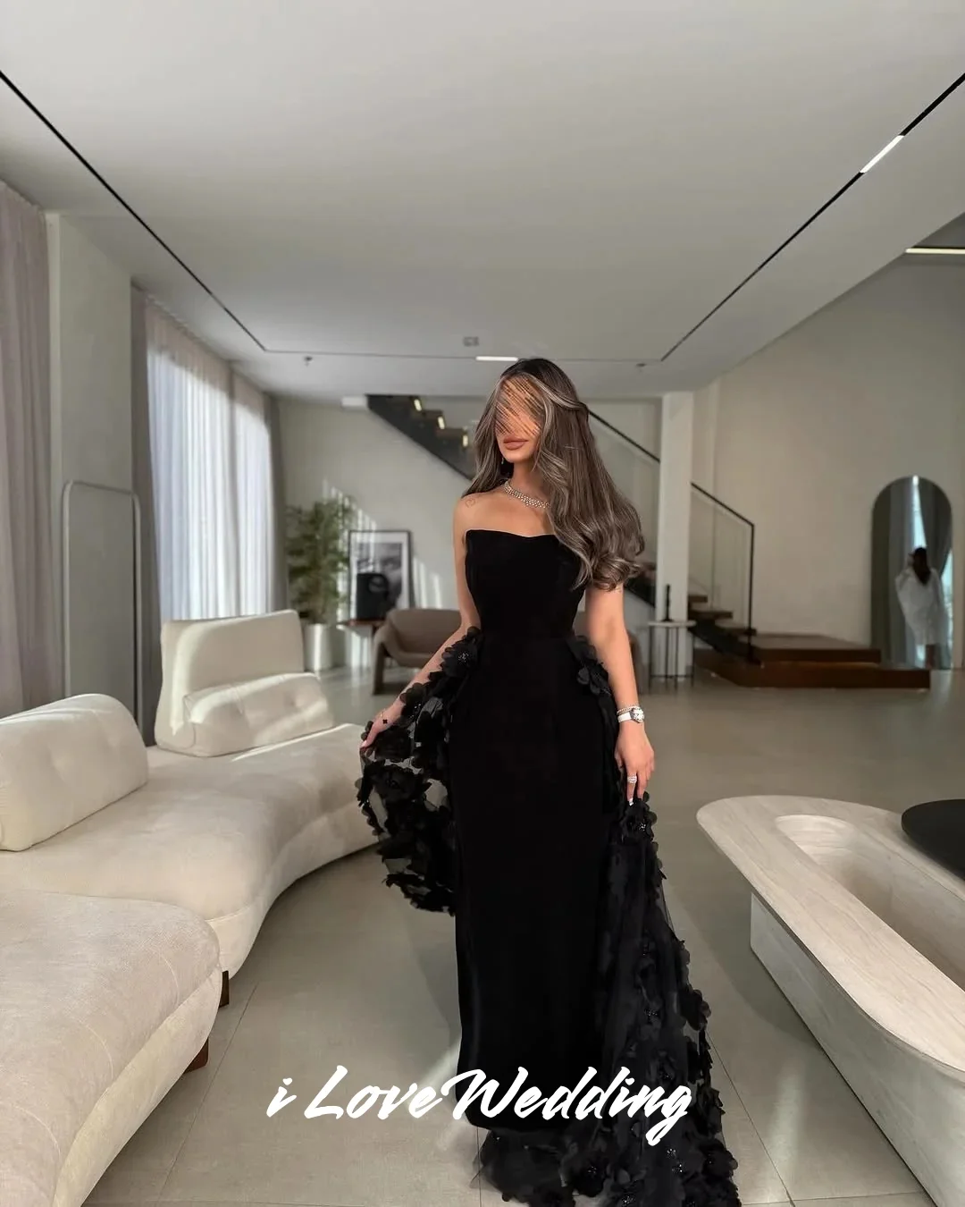 فستان سهرة أسود بدون حمالات 2025 بدون أكمام حورية البحر ثلاثية الأبعاد زهرة طول الأرض سويب تراين مطوي فستان حفلات الزفاف مخصص