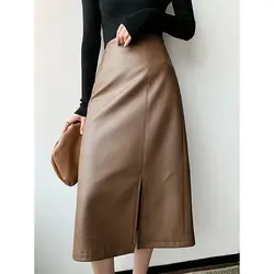 Office Lady Pu Leather A-Line Slit Chic Straight Skirt High Waist Elegant Vintage Women Autumn Winter Hip Long Midi Skirt Female