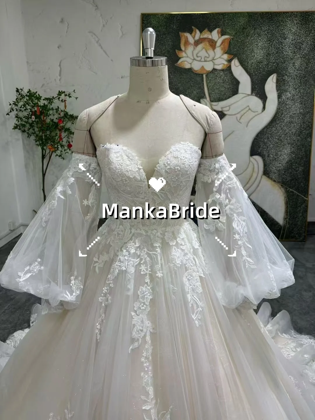 Vestidos de Noiva Ball Gown Sweetheart Appliques Princess Lace Wedding Dress with Detachable Sleeves