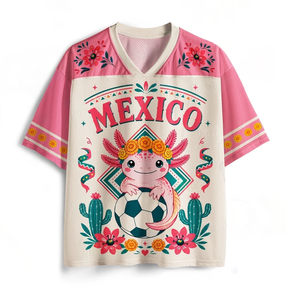 Kids Mexico Axolotl No.10 Floral Cactus V-Neck Soccer Jersey Girls Boys Quick Dry Breathable Sports Short Sleeve Tops