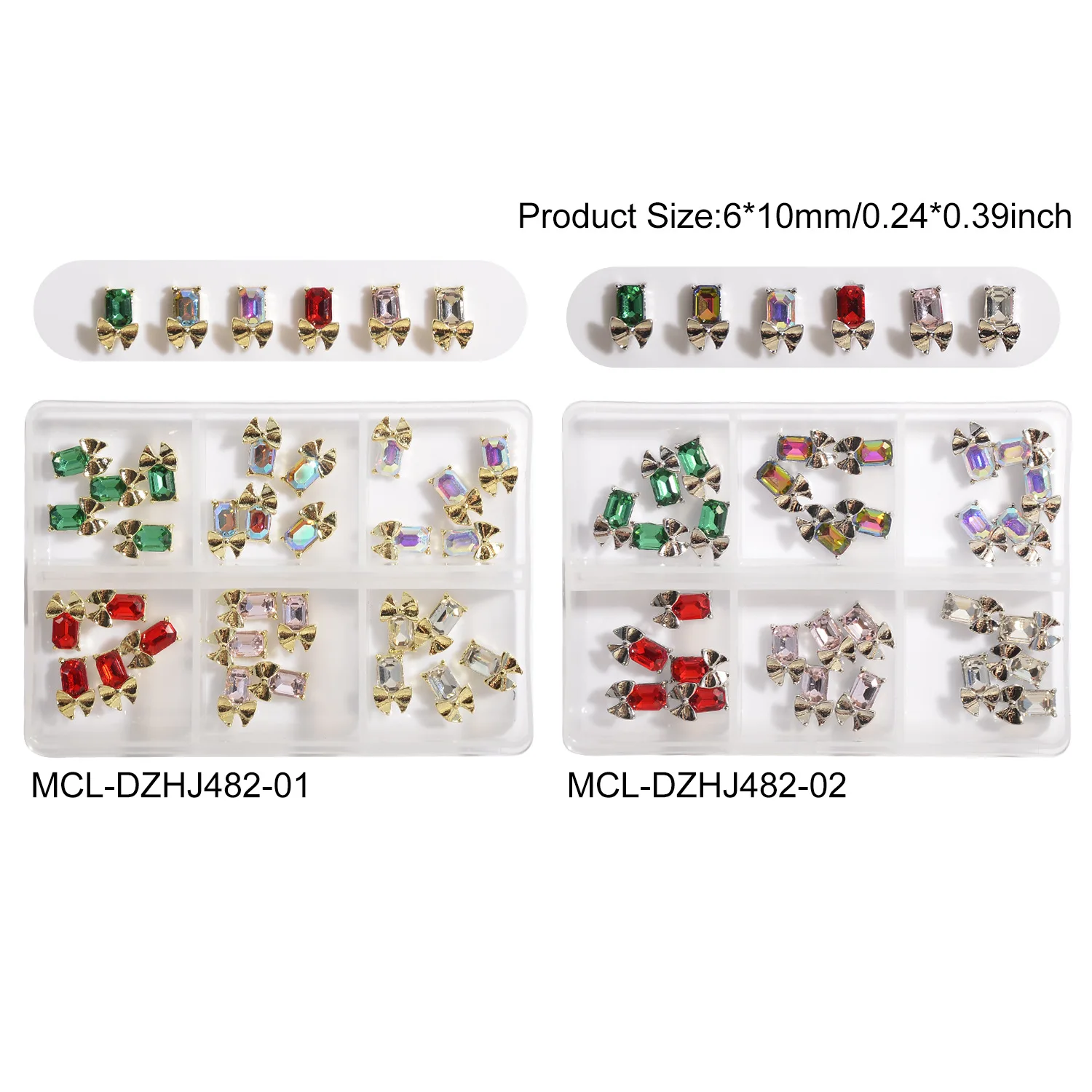 30 Pieces of 3D Rhinestone Nail Decorations in a 6 Grid Box Set with Alloy and Bowknot Design