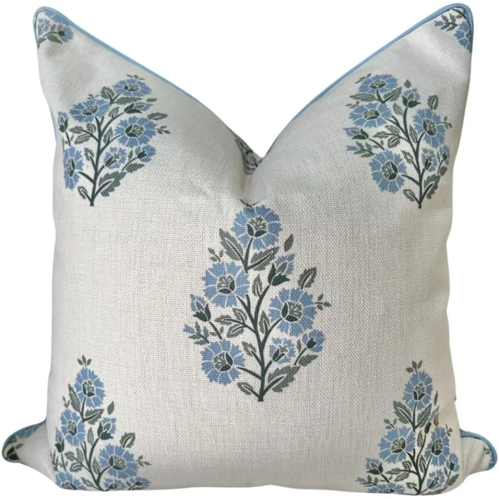 

Camille Floral Block Print Pillowcase - Soft Blue and Off-White Throw Pillow Cover for Grandmillennial Home Decor