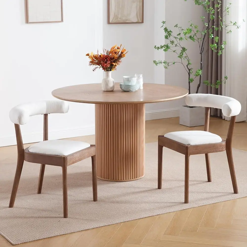 

Set of 2 Dining Chairs Linen Upholstered Mid Century Modern Comfortable Open Back Solid Wood Frame Kitchen Retro Side Seats