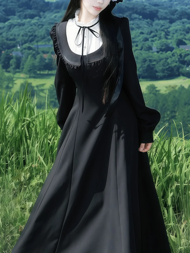 

Elegant Black Long Sleeve Dress Women's Autumn 2025 New Style Courtly Vintage Waist-Cinching Slimming A-Line Dress