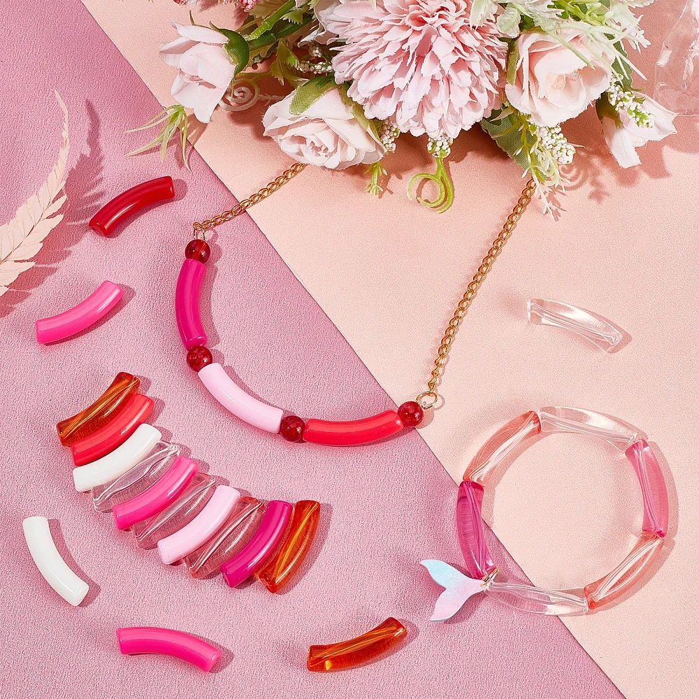 154pcs Curved Bamboo Beads 11 Color Acrylic Tube Beads Pink Chunky Slide Bead Noodle Loose Spacer Bead for Jewelry Making 32mm image 6